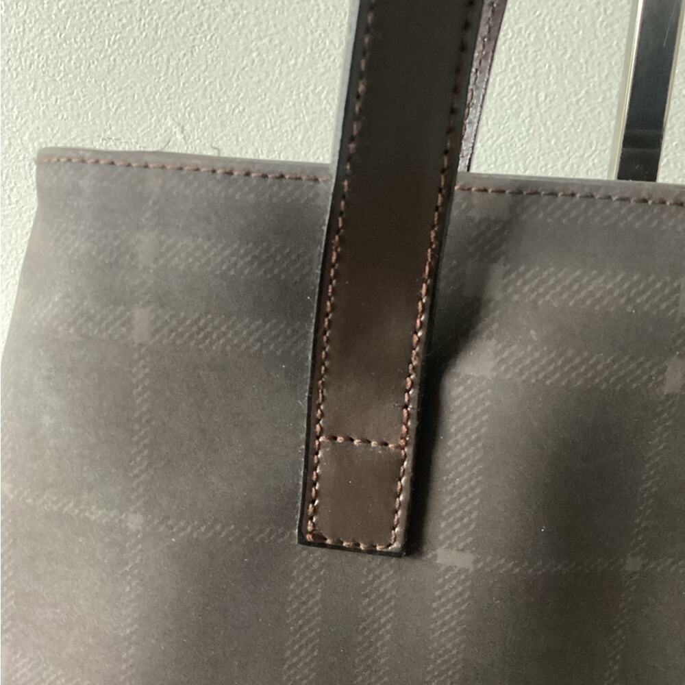 Burberry Dark Brown Check—Nylon Leather Strap Tote Bag Designer Purse - Picture 3 of 8